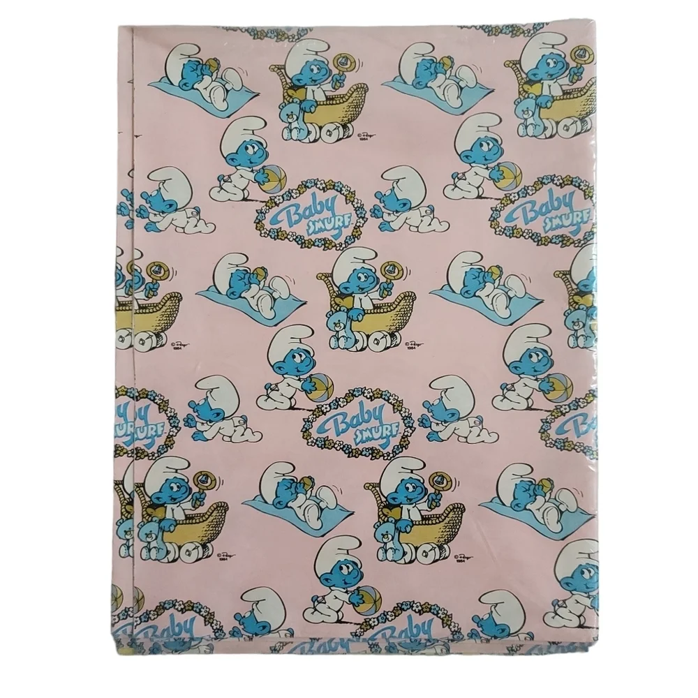 VTG 1984 Peyo Baby Smurf Pink Yellow 8 Sheets Everyday Gift Wrap Paper NEW